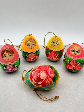 Vintage Ukrainian Hand Painted Easter Egg Ornament Set Folk Art Wood Decor